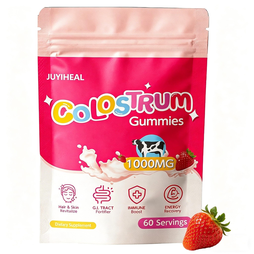 Core Bovine Colostrum Gummies, 1g Per Serving Grass Fed Colostrum Chews Colostrum Supplement for Gut Health, Hair Growth, Beauty, and Immune Support, Strawberry Flavor 60 Servings