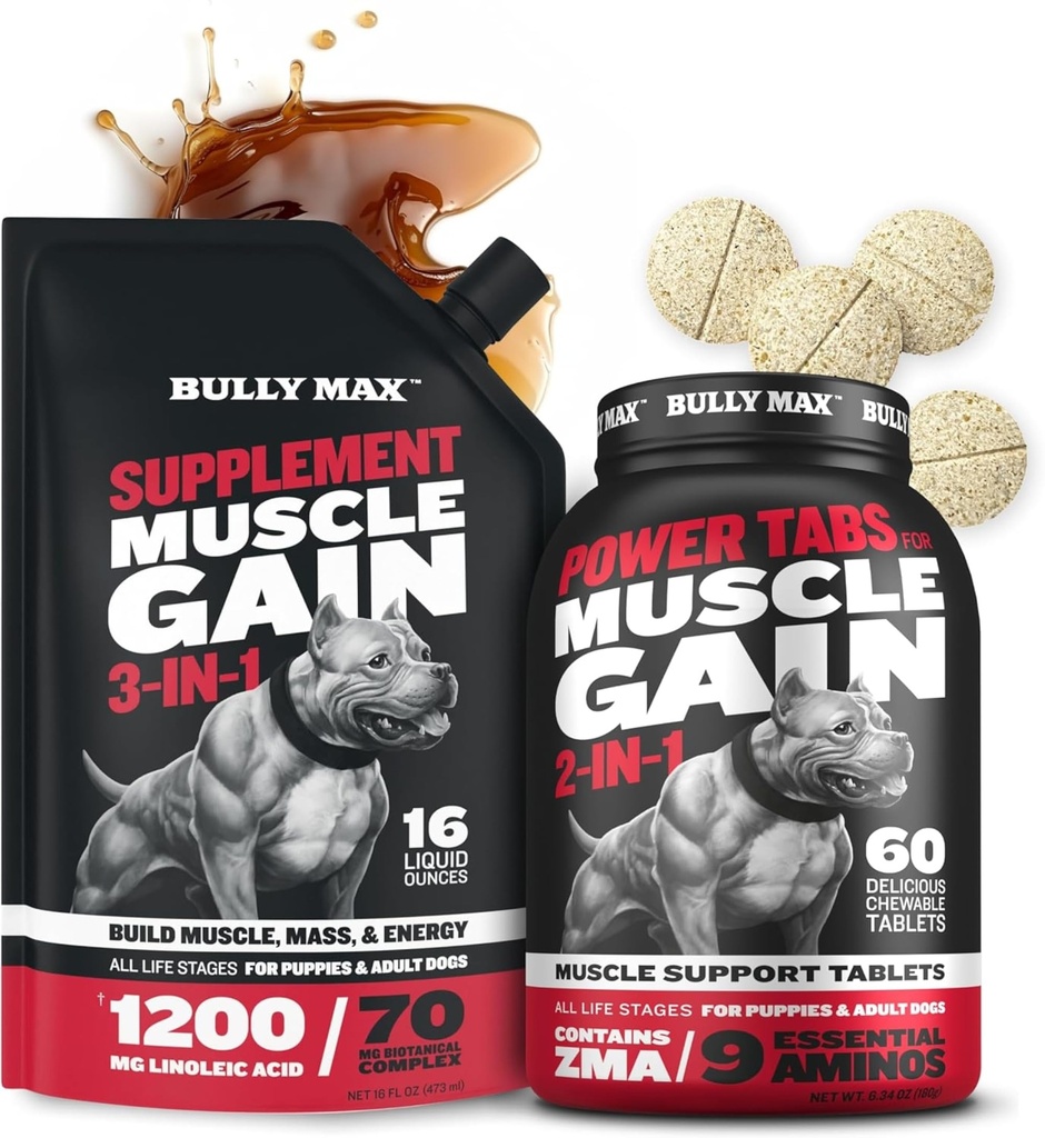 Bully Max 3-in-1 Liquid Dog Muscle Builder and Power Tabs (60 tabs) Bundel 