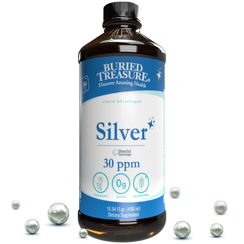 Begraven Treasure Purified Silver Liquid 30 PPM - 16 oz. 96 Servers, Niet-accumulerende Nano Silver Solution, Spray & Dietary Immune Supplement