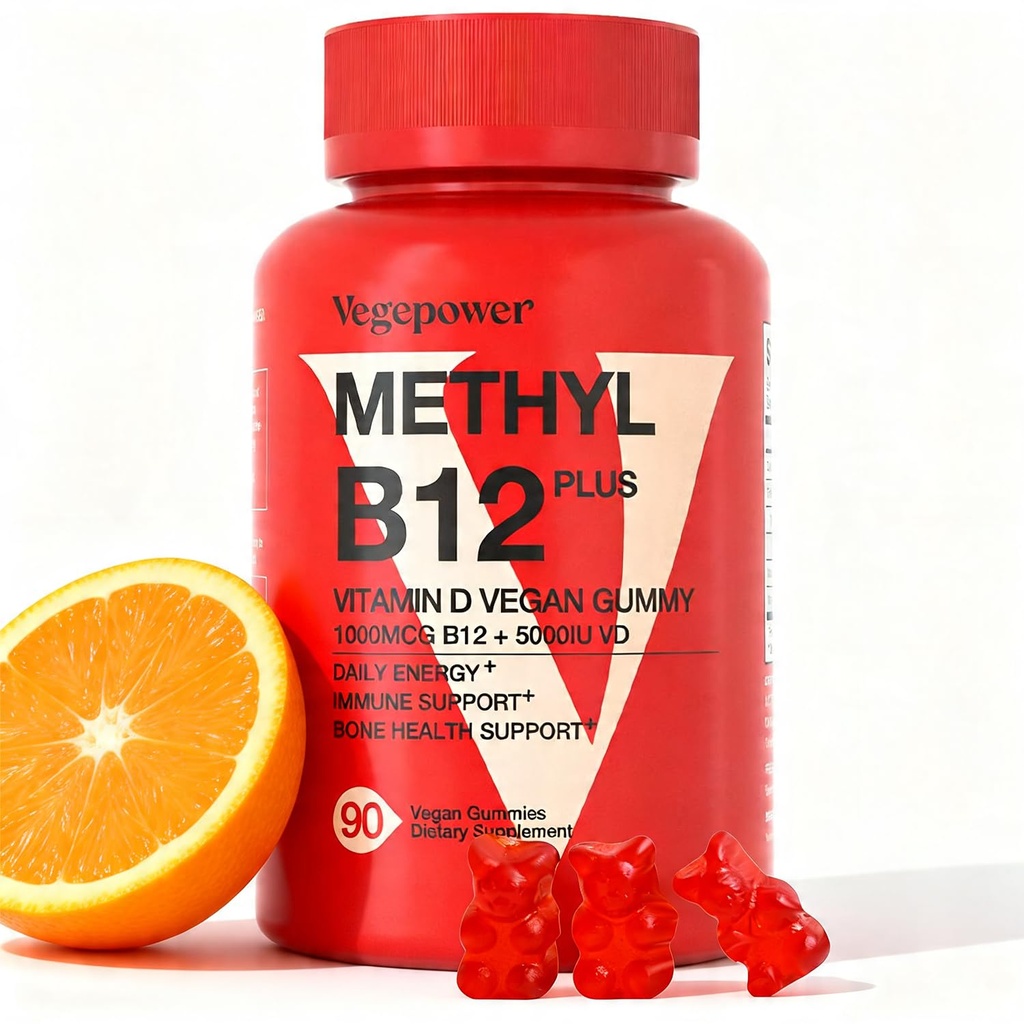 Vegan Vitamin D3 & B12 Gummies, Methyl B12 Supplement voor volwassenen en kinderen, verbeterd met vitamine D 3 voor natuurlijke energie, Immune, Metabolisme & Focus, Oranje, 90 Gummies