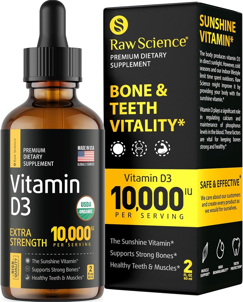 Liquid Vitamin D Drops - Vitamine D3 10.000 IE voor snellere absorptie - Helpt ondersteuning sterke botten en gezonde hart - Vit D3 voor Mood & Immuun systeem functie - hoge dosis D3 Vitamine Sublingual - 2 fl oz