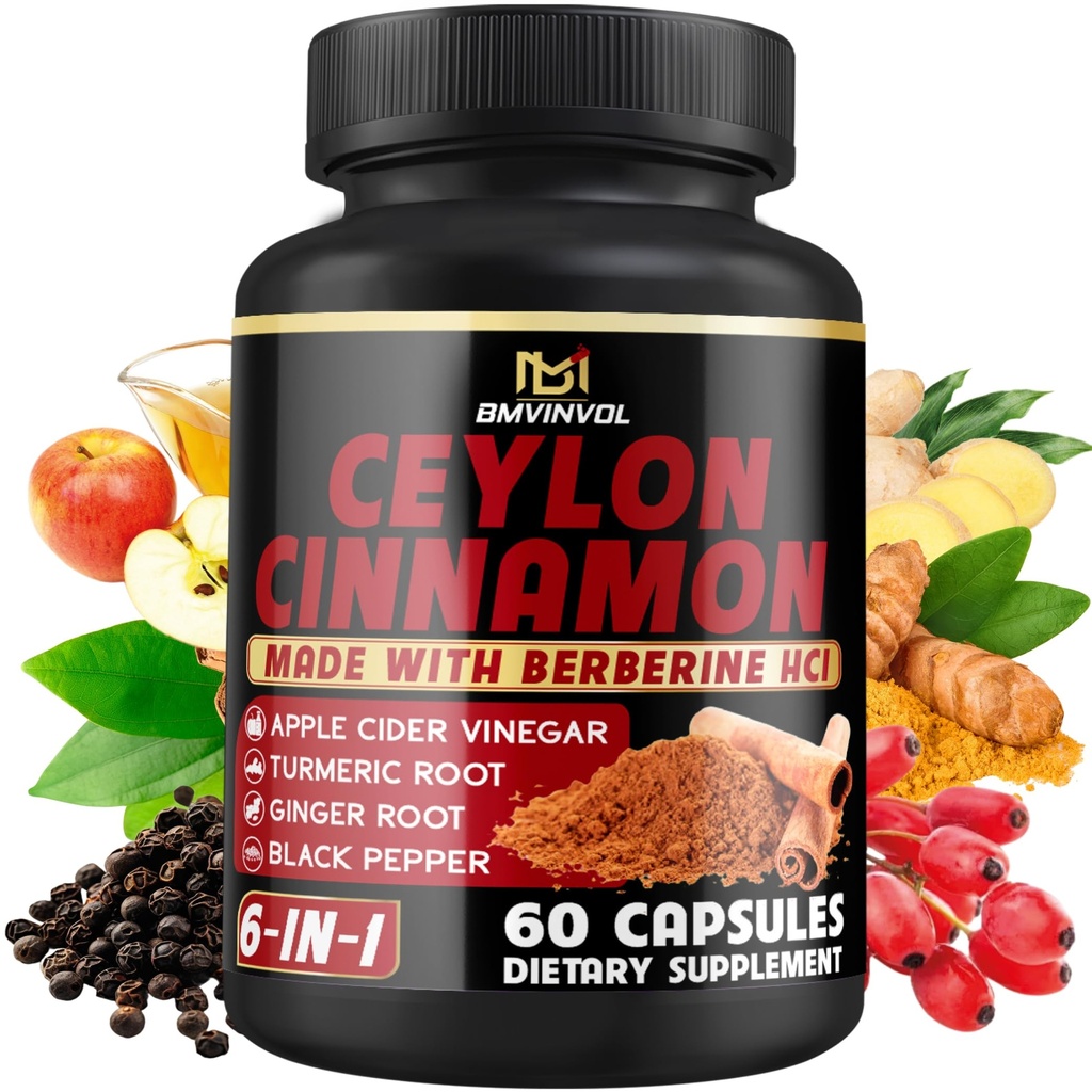 Ceylon Cinnamon Capsules met Berberine HCl, Apple Cider Vinegar, Turmeric, Ginseng, Black Pepper - 6in1 voor ondersteuning Immuunfunctie - 60 Tellen