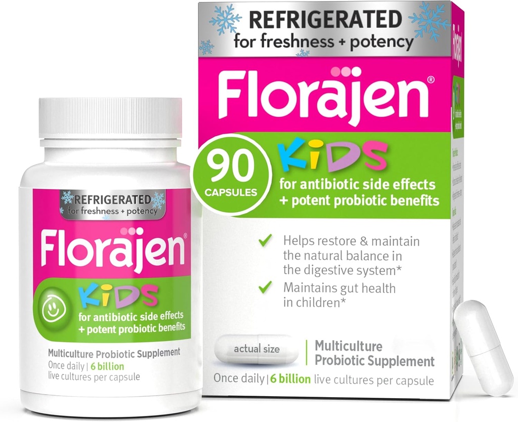 Florajen Kids Probiotic, 6 Miljard CFUs, Gekoelde Probiotica voor kinderen, Multi Culture Probiotic Supplement, Relives Occasional Gas, Bloating & Constipatie, Ondersteunt Gut Health, 30 Ct (3 Pack)