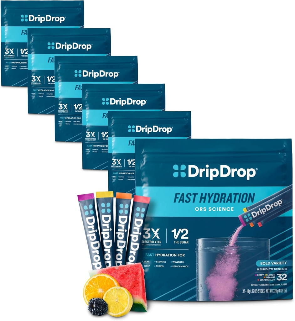 DripDrop Hydration Packets - Bold Variety Pack - Single Serve Electrolytes Powder Drink Mix - Watermeloen, Berry, Citroen, Oranje - Non-GMO, Glutenvrij, Veganist - 192 Sticks