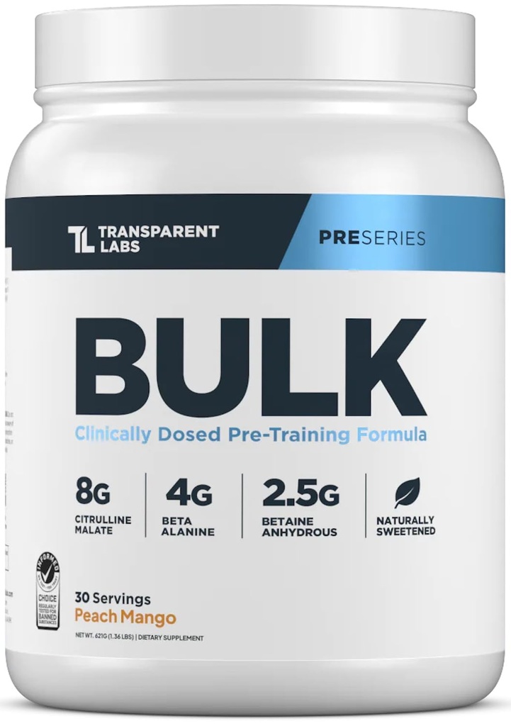 Transparante Labs Bulk Pre Workout Powder - Natuurlijk verzoet geavanceerde pre-workout formule voor spieropbouw en kracht - 30 porties, Peach Mango