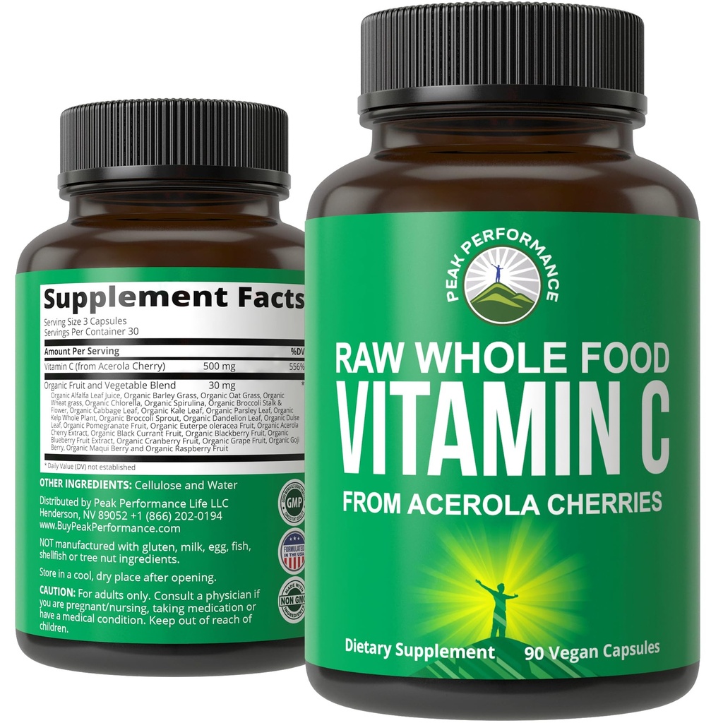 Piekprestatie Raw Whole Food Natural Vitamin C Capsules van Acerola Cherry voor Max Absorptie. Veganistisch USA Brond Vitamine C Supplement 90 Pillen. 500 mg Serving or 2 Servings 1000mg
