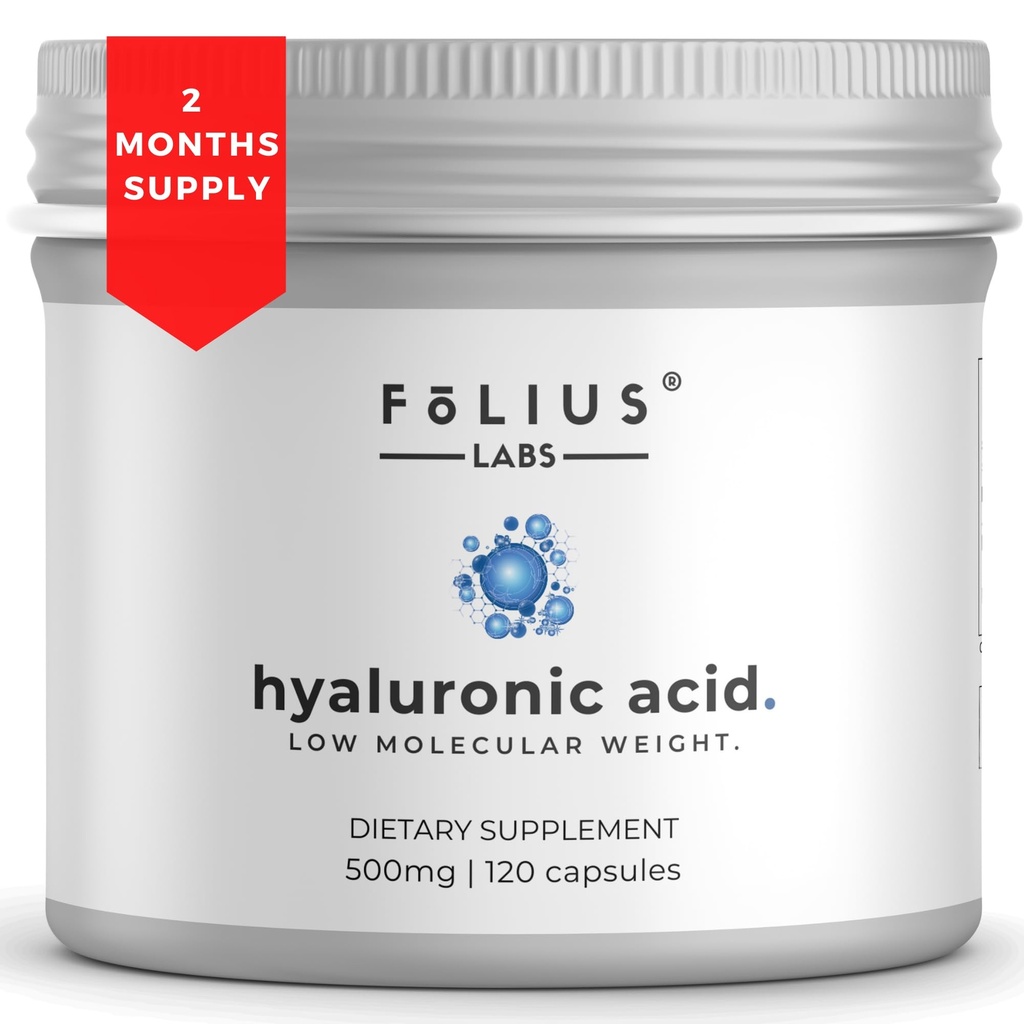 Ultra High Purity Hyaluronic Acid Capsules 500mg - 95% Natrium Hyaluronaat - Hoog Gezuiverd en Biobeschikbaarheid - Laag Moleculaire Gewicht - Niet GMO Gefermenteerd - 120 Capsules