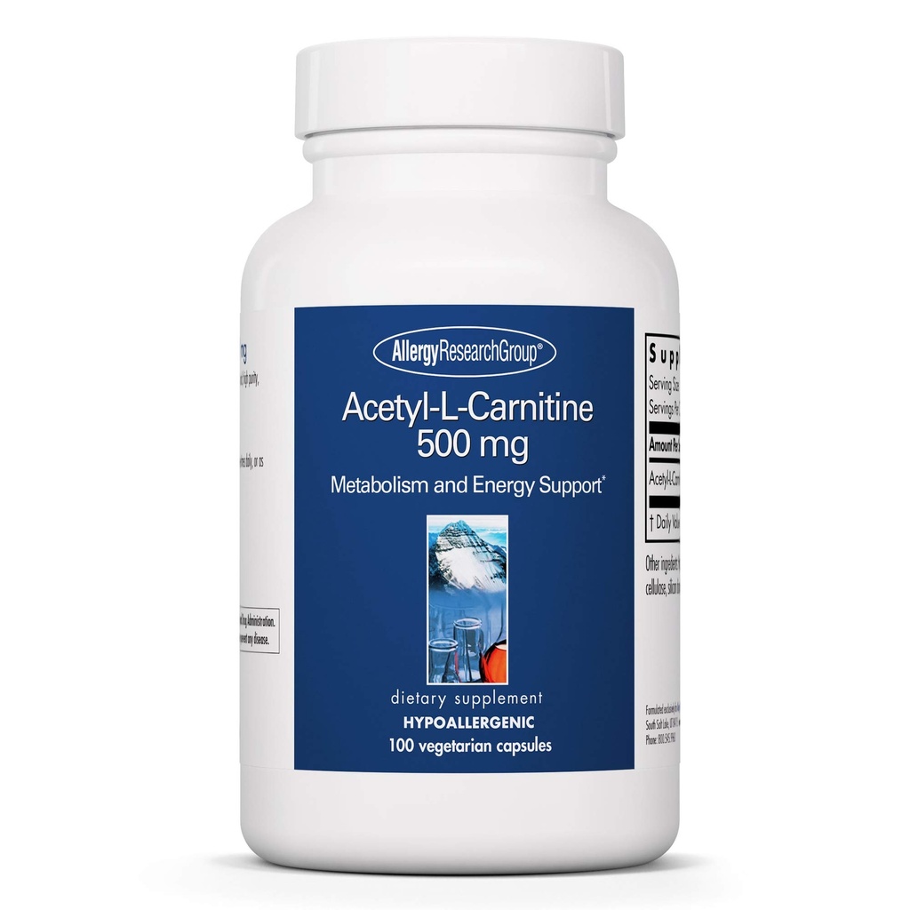 Allergie Onderzoeksgroep Acetyl-L-Carnitine 500mg Supplement - Voedings- en energiesteun, ALC, Vrije vorm Aminozuur, Vegetarische Capsules - 100 Tellen