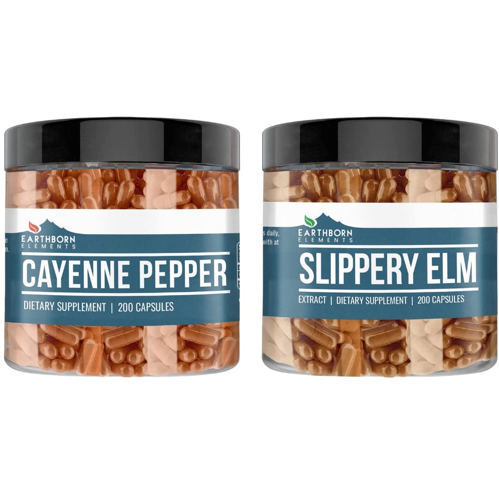 Éléments terriens Cayenne Pepper & Slippery Elm Bundle (200 capsules chacune) Pure et non diluée, aucun additif