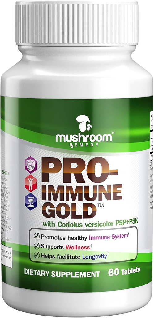 PRO-Immune Gold |Best Immune Support |Clinically Studied Coriolus versicolor PSP+PSK & Ganoderma lucidum Mushroom Mycelium Extract, All-Natual, Antioxidant Supplement, cGMP & USA Made, 60 Tablets
