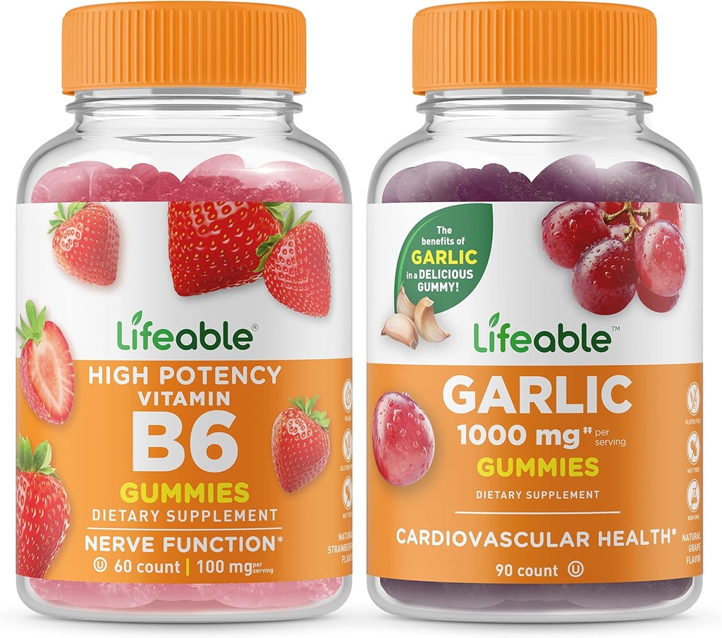 Levensvatbare vitamine B6 + Knoflook 1000mg, Gummies Bundle - Grote Proeverij, Vitaminesupplement, Glutenvrij, GGO-vrij, Kauwbaar