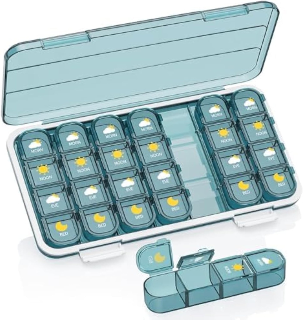 Organisateur de pilules 4 fois par jour, boîte à pilules 4 fois par jour 7 jours - Acedada Weekly Medicine Box Organisateur avec cas séparé, distributeur quotidien portable de pilules pour la vitamine, huiles de poisson, suppléments, bleu