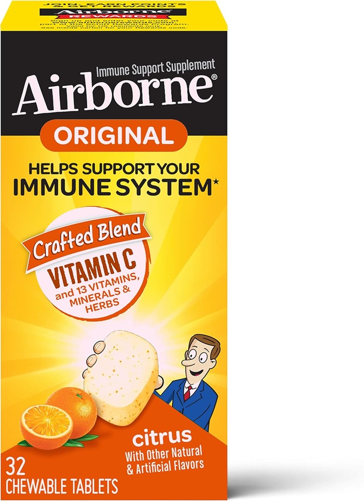 Airborne Vitamine C 1000mg (per portie) Citrus Kauwtabletten (32 Aantal in een doos), Glutenvrije Immune Ondersteuning Supplement, met Vitaminen A C E, ZInc, Selenium, Echinacea & Gember, Antioxidanten