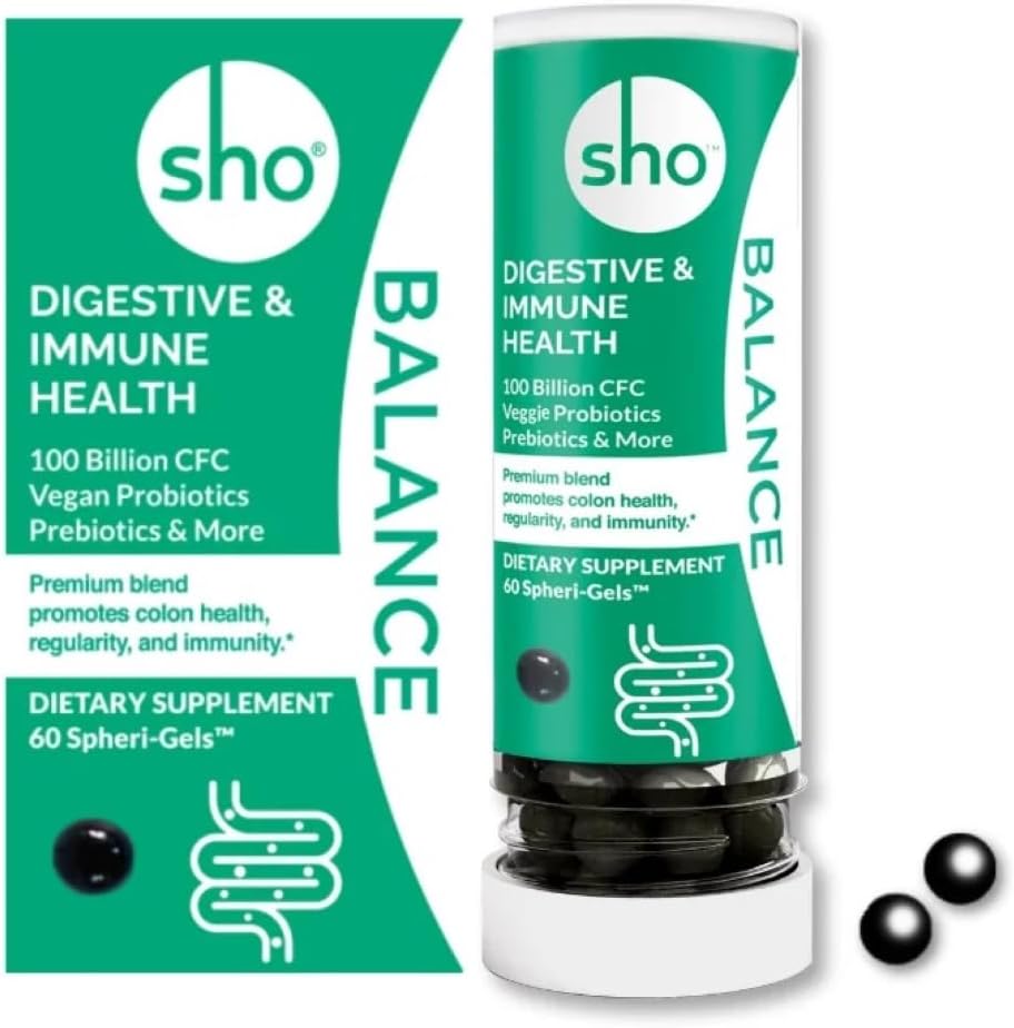 SHO Balance 100 Miljard CFU Prebiotica en Probiotica Inclusief Lactobacillus Casei voor Digestieve Gezondheid, Shelf-Stable Vegan Probiotica voor mannen en vrouwen 60 Pillen Refill Bottle