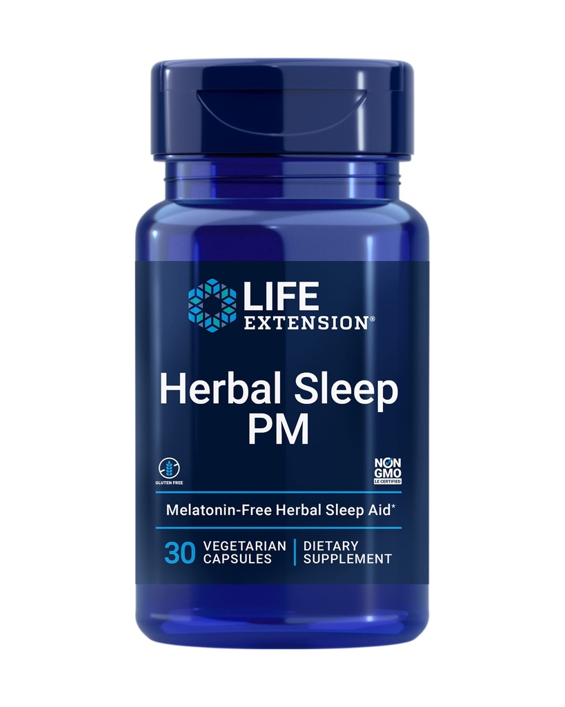 Life Extension Herbal Sleep PM, Lemon Balm, honokiol (Magnolia bark), Chamomile, Promotes Healthy Sleep, Hormone-Free, melatonin-Free, Gluten Free, Non-GMO, Vegetarian, 30 Capsules