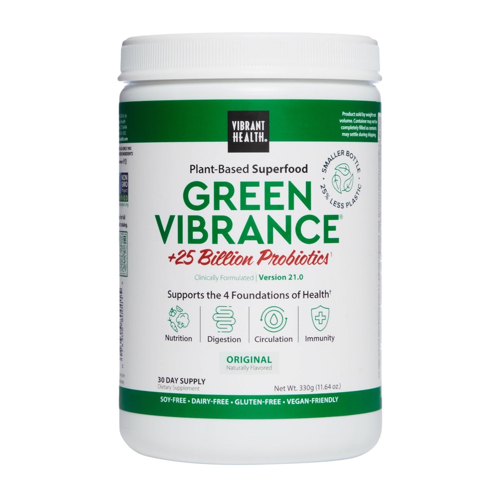 Vibrant Health, Green Vibrance, Includes 65 Plant Based Superfoods, 25 miljard Probiotica, Fiber, Adaptogens & Enzymes, 30 Servings
