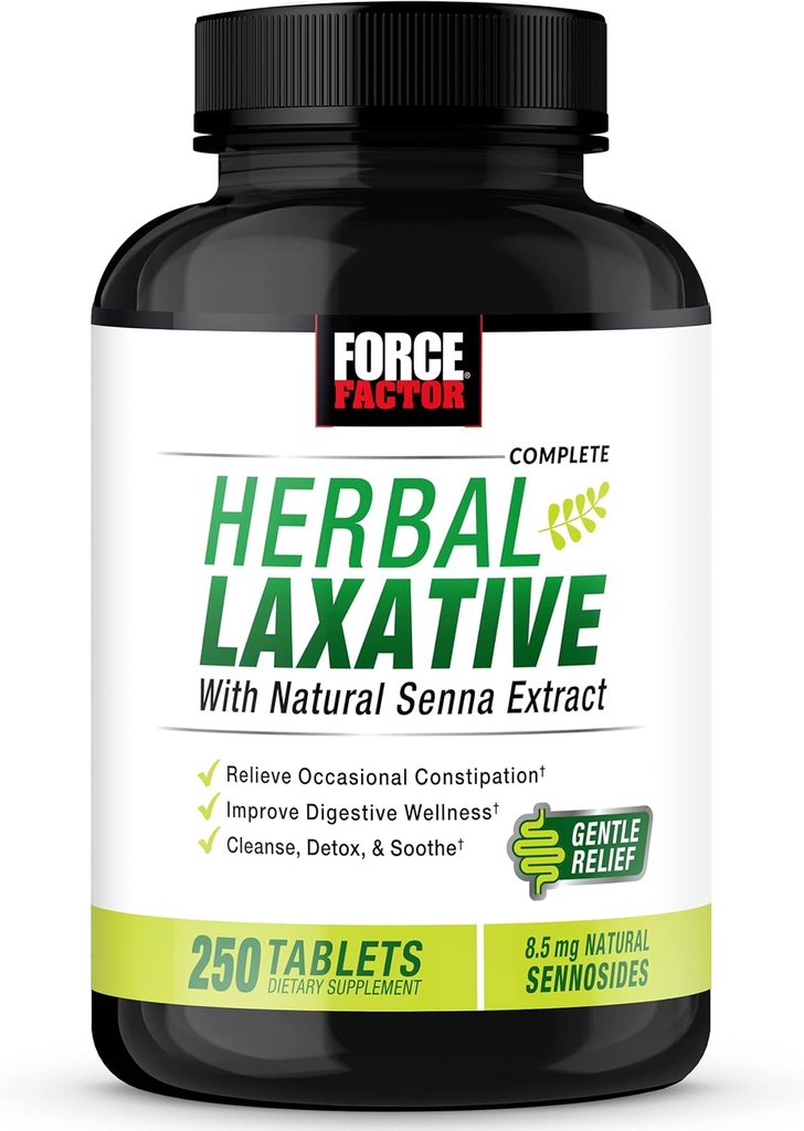 FORCE FACTOR Herbal Laxative for Constipatie Relief for Adults, Digestie Supplement Made with Senna to Cleanse, Detox, and Soothe, Laxatives for Constipatie for Women and Men, 250 Tablets