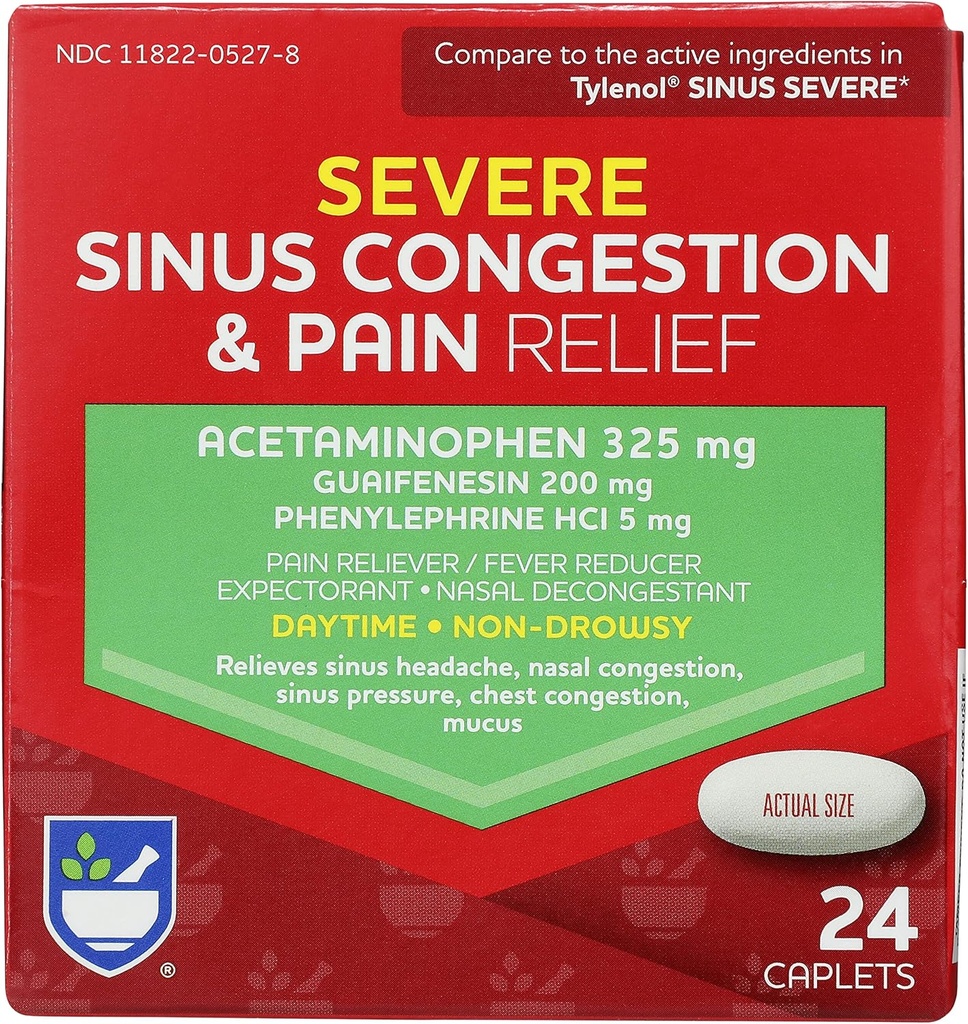 Rite Aid Jour Sinus sévère Congestion et soulagement de la douleur - Acétaminophène, 325 mg - 24 Caplets
