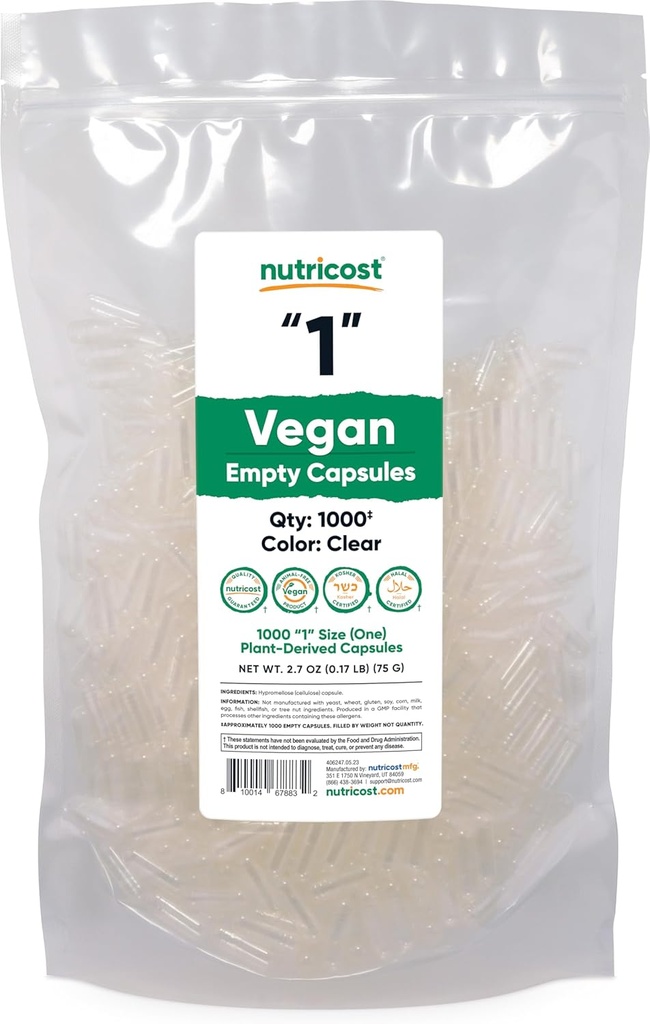 Nutricost Lege Capsules Formaat 1 Vegan - 1.000 Heldere Lege Plant-Based Capsules - Kosher Gecertificeerd, Halal Gecertificeerd, Niet GGM, Sojavrij, Glutenvrij, Vegetarisch