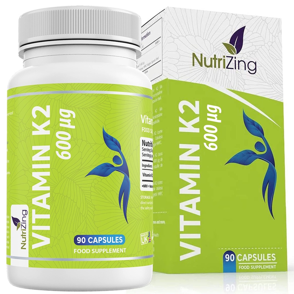 Nutrizing K2 vitaminesupplement MK-7 - hoge sterkte 600 mcg - Ondersteunt bot en arteriële gezondheid - 90 Vegan Capsules - vitamine K2 voor mannen en vrouwen - 3 maanden levering