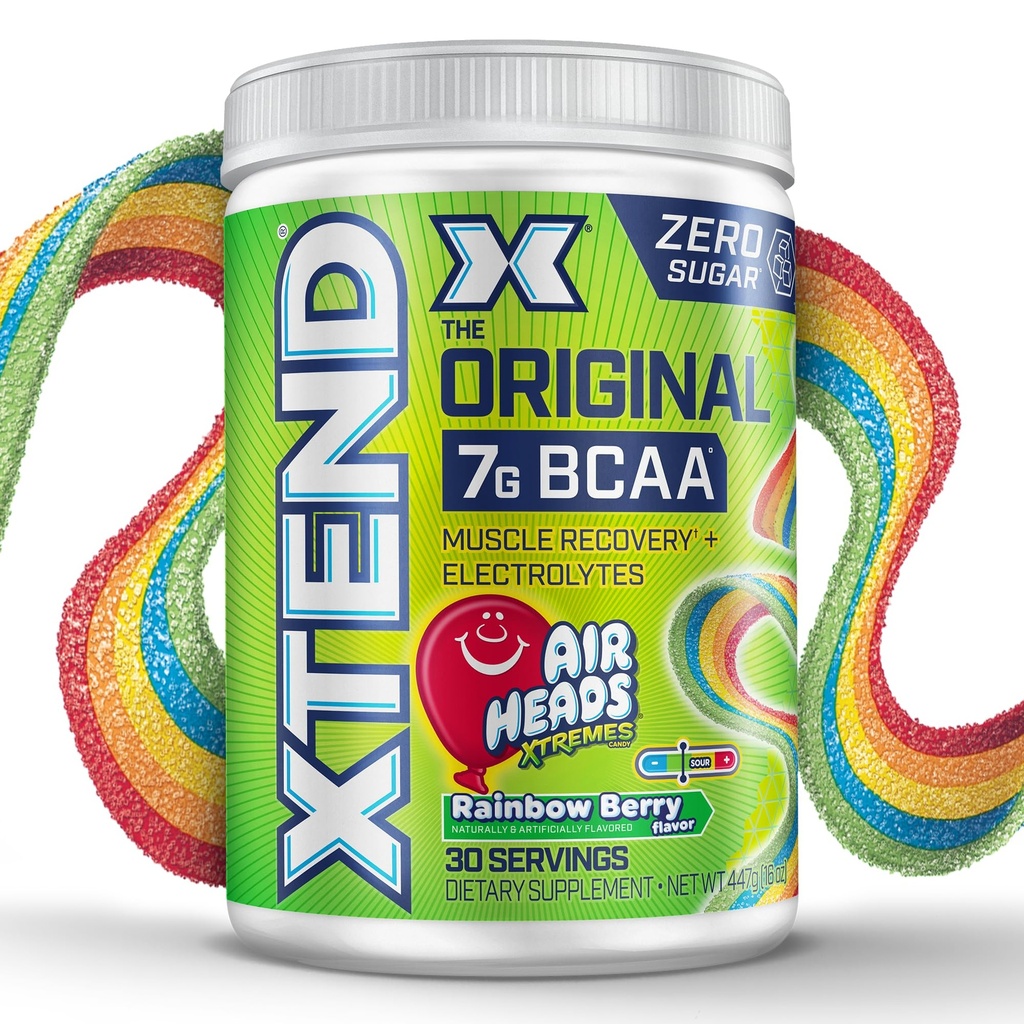 Xtend Original BCAA Powder Airheads Rainbow Berry Flavor, 7g BCAA en 2.5g L-Glutamine, Sugar Free Post Workout Muscle Recovery Drink met aminozuren voor mannen en vrouwen, 30 porties