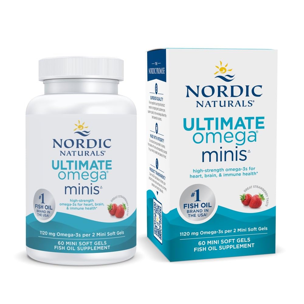 Nordic Naturals Ultimate Omega Minis, Flavor aux fraises - 60 Minis Gels mous - 1120 mg Omega-3 - Supplément d'huile de poisson haute puissance - EPA et DHA - Promotion de la santé cérébrale et cardiaque - 30 portions