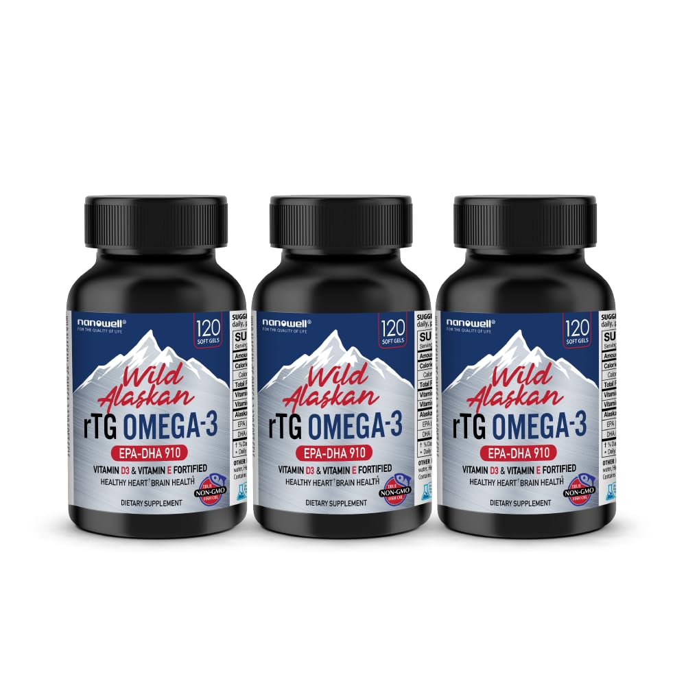 NANOWELL Wild Alaska rTG Omega-3 Visolie 1196mg - EPA, DHA, Vitamine D3 & E - 120 Softgels x 3 Flessen (360 Aantal)