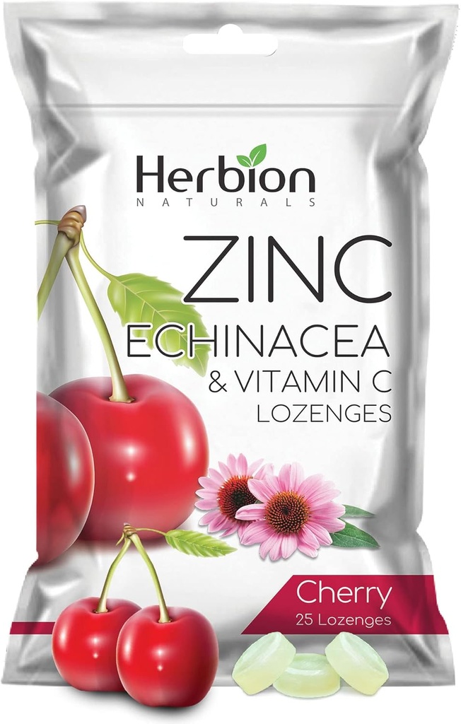 HERBION Naturals Zink, Echinacea & Vitamin C Lozenges 25 CT, Dieetsupplement voor volwassenen & Kinderen 5+, bevordert Wellness voor het hele gezin, 25 Tel, Cherry, Pack van 1