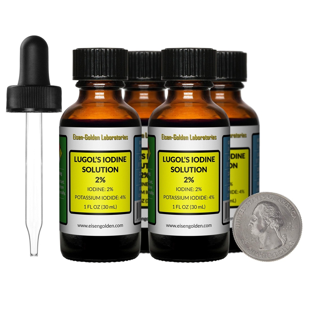 Lugol's Jodium / 2% Oplossing / 4 Oz in 4 Amber glazen flessen / Gratis Droppers / VSA
