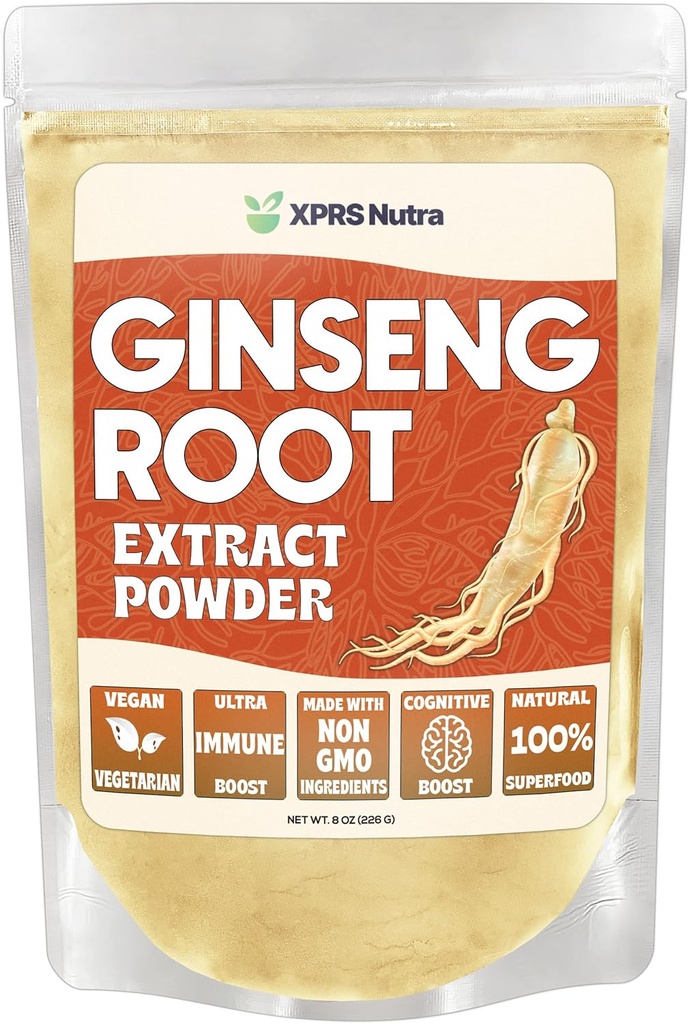 XPRS Nutra Ginseng Root Extract Powder - Ginseng Powder Supports Cognitive Function, Physical Performance, and Immune System - Vegan Friendly Panax Ginseng in Powder Form (8 Ounce)