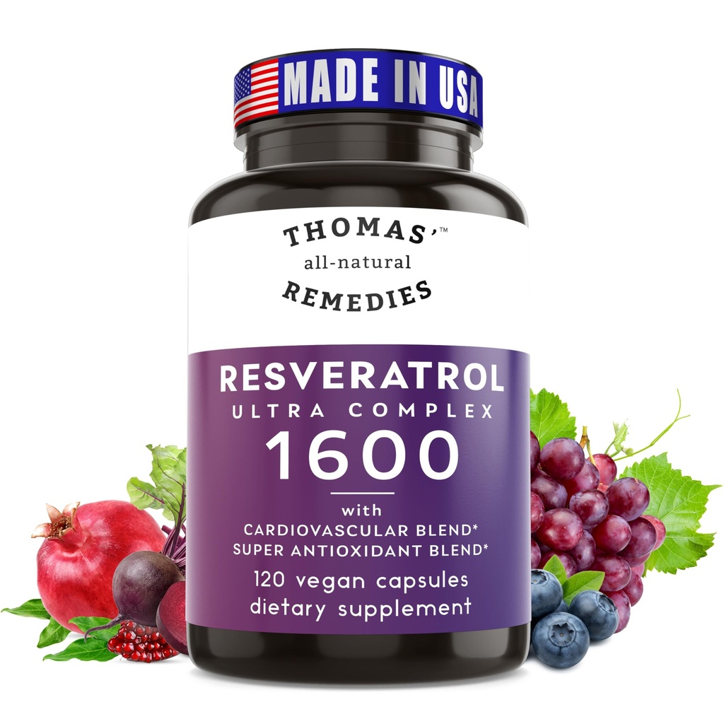 Thomas' all-natuurlijke remedies Resveratrol 1600mg Biologische Trans-Resveratrol Antioxidant Supplement met Organic Grape Seed Extract en quercetine- Anti-Aging en Cardiovasculaire ondersteuning- 120 Capsules