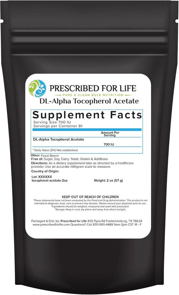 Voorgeschreven voor het leven Tocoferol acetaat poeder, wateroplosbare alpha vitamine E, 700 IE gm poeder, veganistisch, glutenvrij, niet GGO (2oz / 56g)