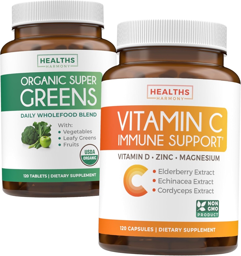 Super Greens & Vitamine C (2-maandvoorraad) Super C Greens Bundle of Organic Super Greens Powder - Complete Superfood (120 capsules) & & & Vitamine C Immune Support (120 Vegetarian Capsules)