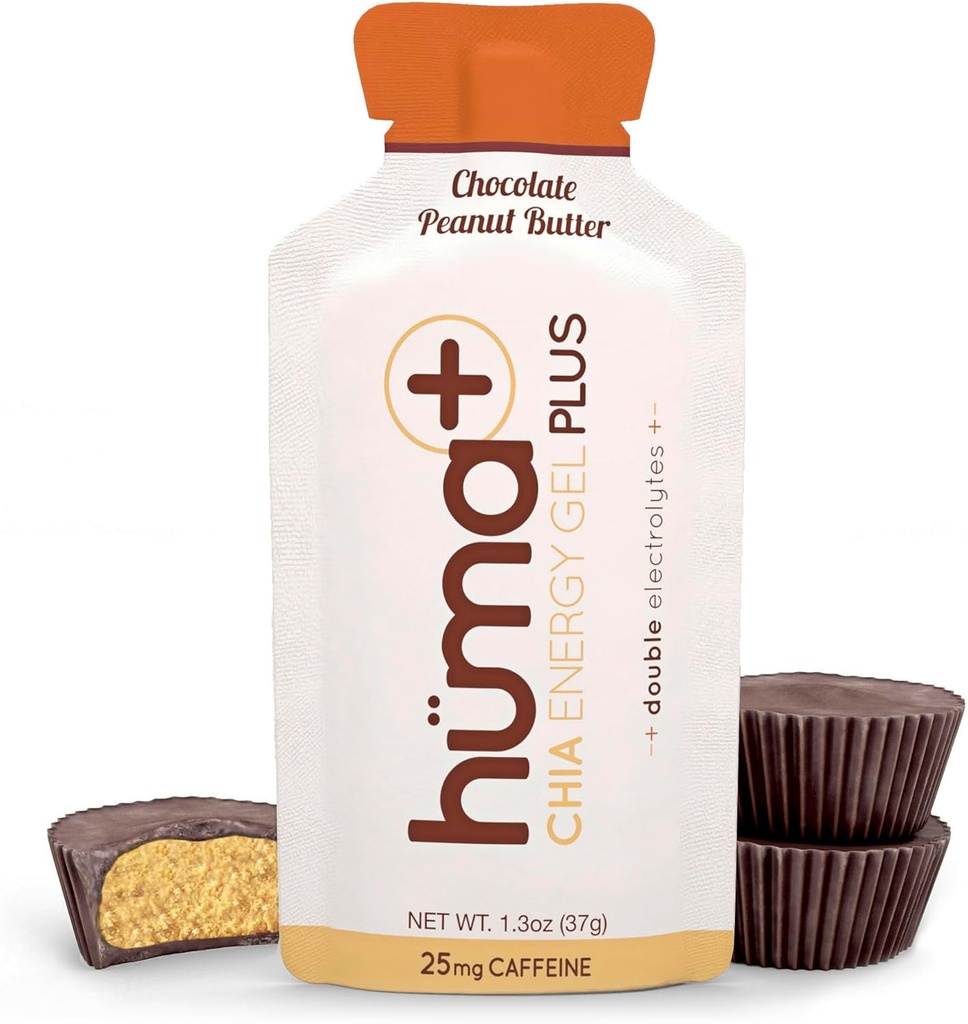 Huma Plus (Dubbele Elektrolyten) - Chia Energy Gel, Chocolade Pindakaas, 24 Gels - Maagvriendelijk, Real Food Energy Gels