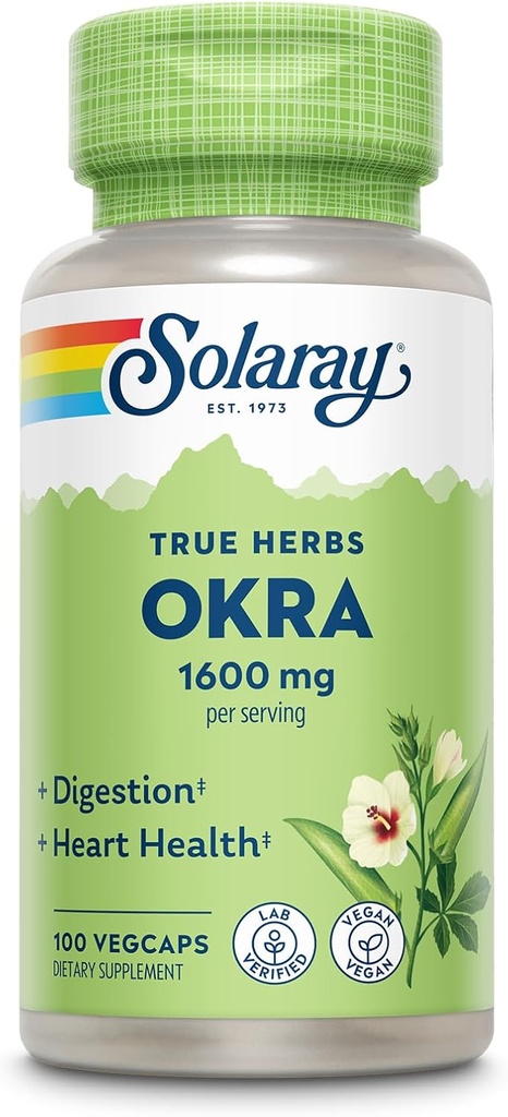 SOLARAY Okra Fruit 1600 mg - High Fiber Supplement for Wellness Support - Rich Source of Soluble Fiber - Equivalent van 6,4 g Verse Okra per Serving, Vegan, 60-dag garantie - 25 Servings, 100 VegCaps