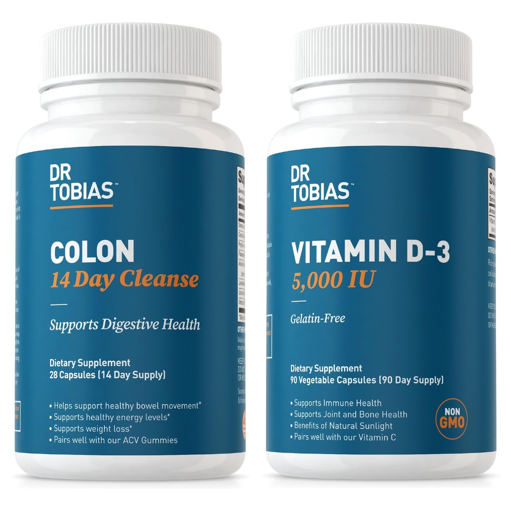 Dr. Tobias Colon 14 dagen Reiniging en vitamine D3 5000 IE Ondersteuning van algehele gezondheid, immuunsysteem en spijsverteringssysteem. Non-GMO Gut Cleanse en vitamine voor mannen en vrouwen.