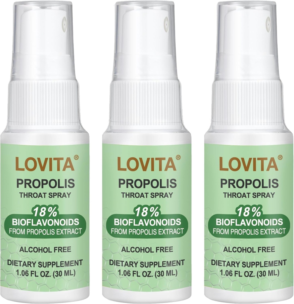 Lovita Propolis Throat Spray, Canadese Propolis Spray, High Potent 500 mg Propolis per ml met 9:1 High Concentrate, Natural Sore Throat Spray voor Immune Support, Alcoholvrij, 1 Fl Oz (verpakking van 3)
