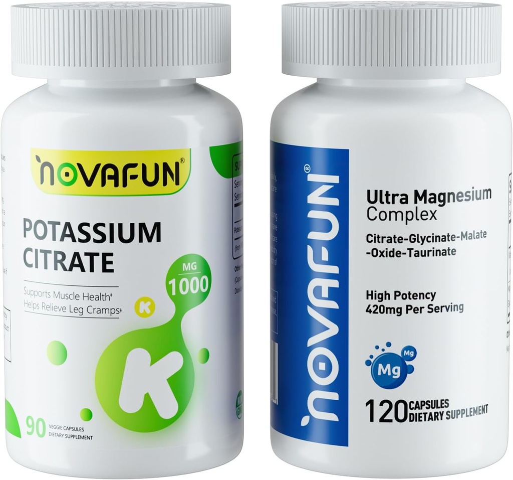 Kalium citraat 1000mg & Magnesium Complex Supplement met 420mg Magnesium, supplement bundel voor ondersteuning hart, spier, nerve, bot gezondheid