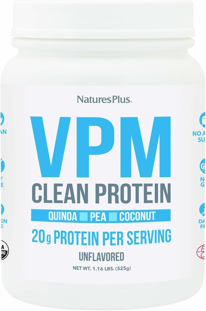 Natures Plus protéine VPM, non aromatisée - 1,16 lb - avec quinoa, pois et protéines de noix de coco - bio, végétalien, soja et sans gluten - 15 portions