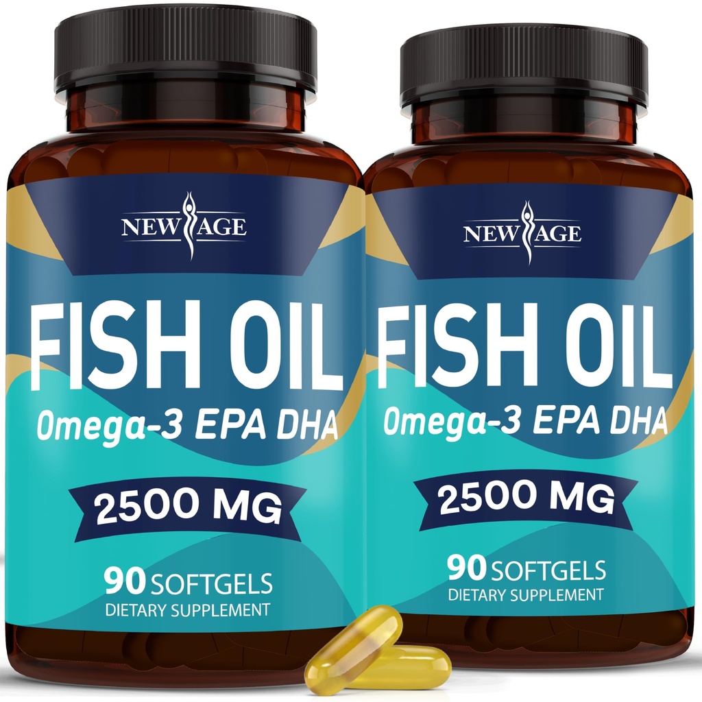 NEW AGE Omega 3 Fish Oil 2500mg Supplement Non GMO - EPA, DHA Vetzuren Glutenvrij (180 Softgels (verpakking 2))