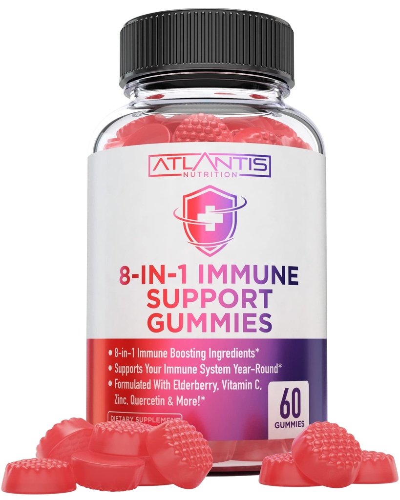 Atlantis Nutrition 8-en-1 Immune Support Gommies avec Elderberry - Supplément immunitaire avec Elderberry, Quercetin, Zinc, Vitamine C - Immunity Boosters for Adults & Kids - Delicious Flavor - 60 Comte
