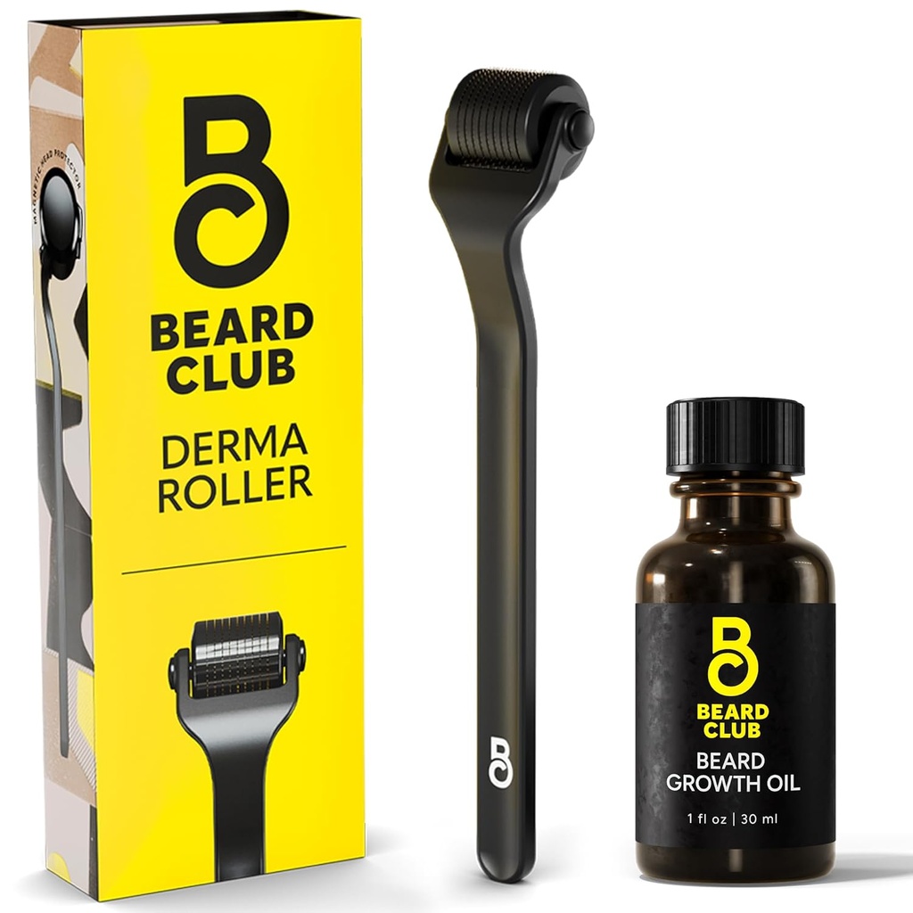 De Baard Club Derma roller & baard groei olie - Microneedling roller met 540 Titanium Micronezen voor gezicht, lichaam & Scalp - Baard roller met Sandalwood & Cedar Baard Oil