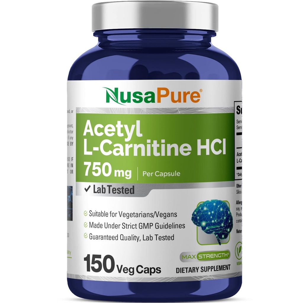 NusaPure Acetyl L-Carnitine 750 mg per Caps 150 Veggie Capsules (Non-GMO, Vegan) Hoge Potency Acetyl L Carnitine HCL (ALCAR)