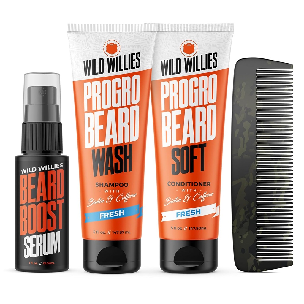 Wild Willies Beard Care Kit, Biotin versterkte Shampoo en Conditioner met Cafeïne, twee 4-Oz flessen, bevordert gezonde baardgroei