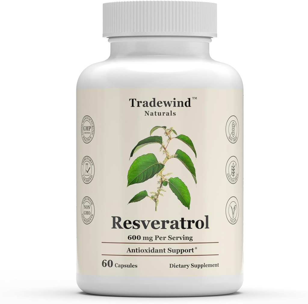 Resveratrol 600mg - Vegan - Non-GMO - Ondersteuning gezonde veroudering en cardiovasculaire gezondheid - Rijk aan antioxidanten - 60 plantaardige capsules