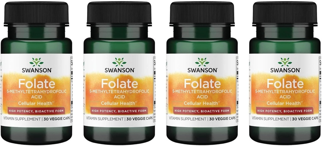 Swanson Folate 5-methyltetrahydrofoliumzuur - High Potency, Bioactive Form 800 mcg Dfe 30 Veg Caps (4 Pack)
