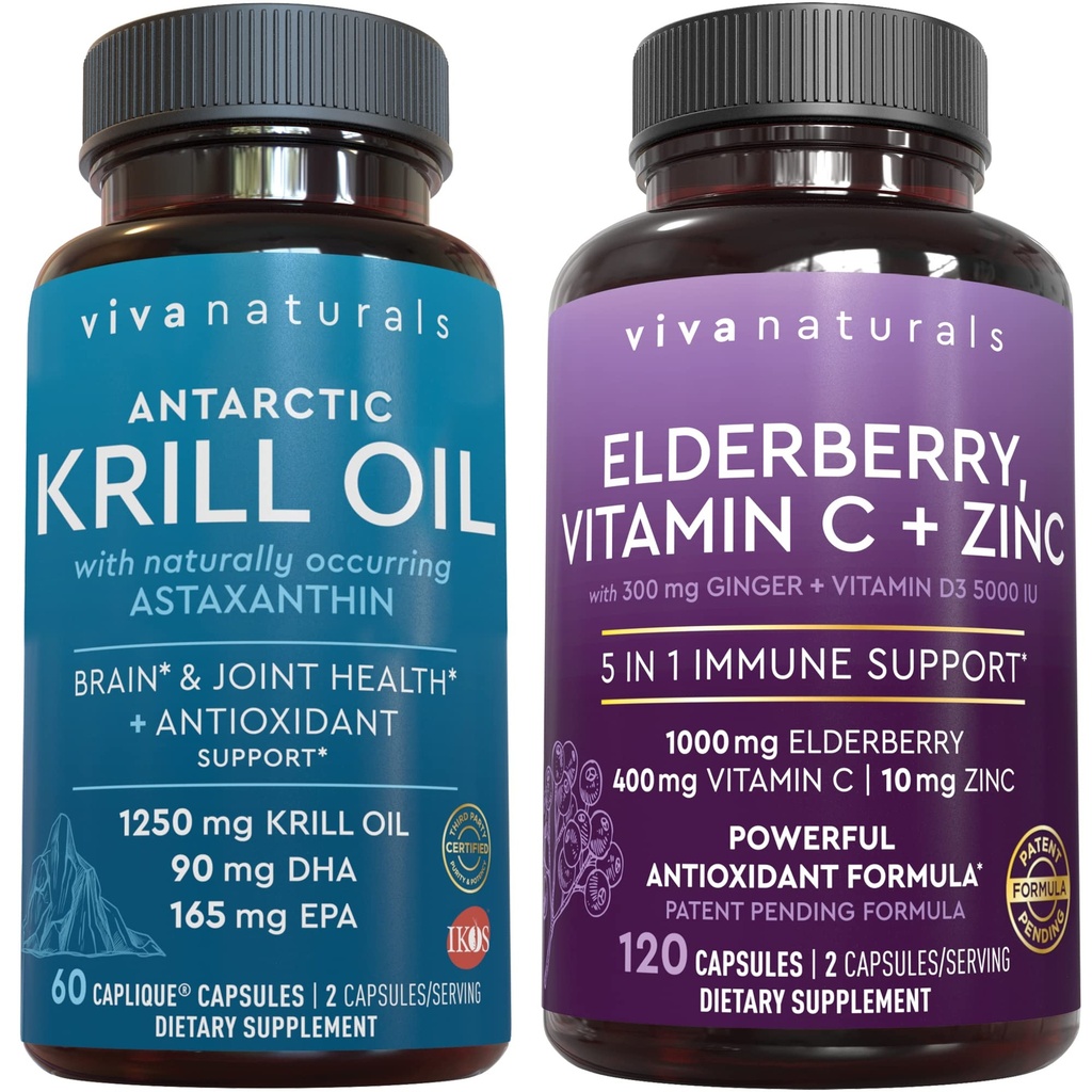Viva Naturals Antarctic Krill Oil and Elderberry, Vitamine C, Zinc et Vitamine D3 5000 UI Bundle, 1250 mg de Krill Oil Fournissant Omega 3 EPA et DHA pour la santé conjointe, Elderberry for Immune Support