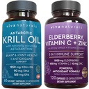 Viva Naturals Antarctic Krill Oil and Elderberry, Vitamine C, Zinc et Vitamine D3 5000 UI Bundle, 1250 mg de Krill Oil Fournissant Omega 3 EPA et DHA pour la santé conjointe, Elderberry for Immune Support
