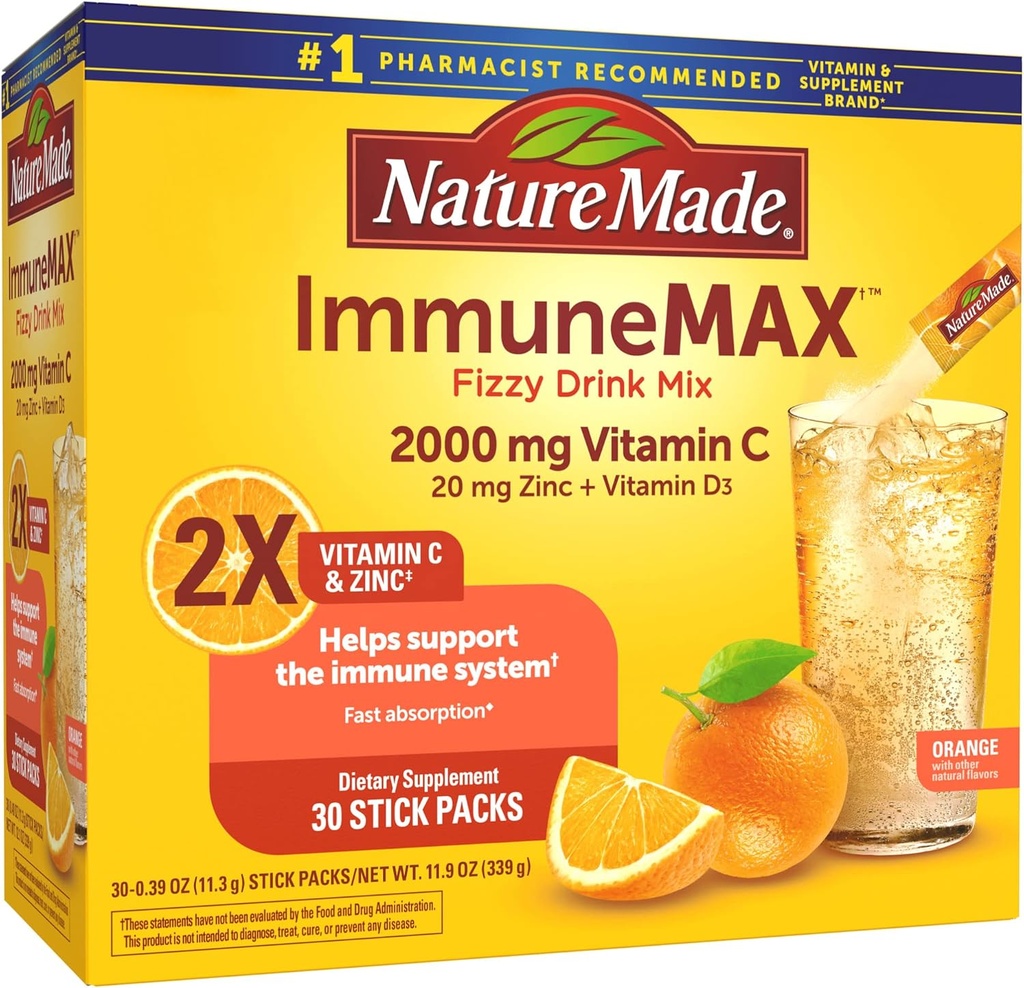 Nature faite ImmuneMAX Fizzy Drink Mix, avec vitamine C, vitamine D, et supplément de zinc pour le soutien immunitaire, absorption rapide, 30 Stick Packs, 0.4 Ounce
