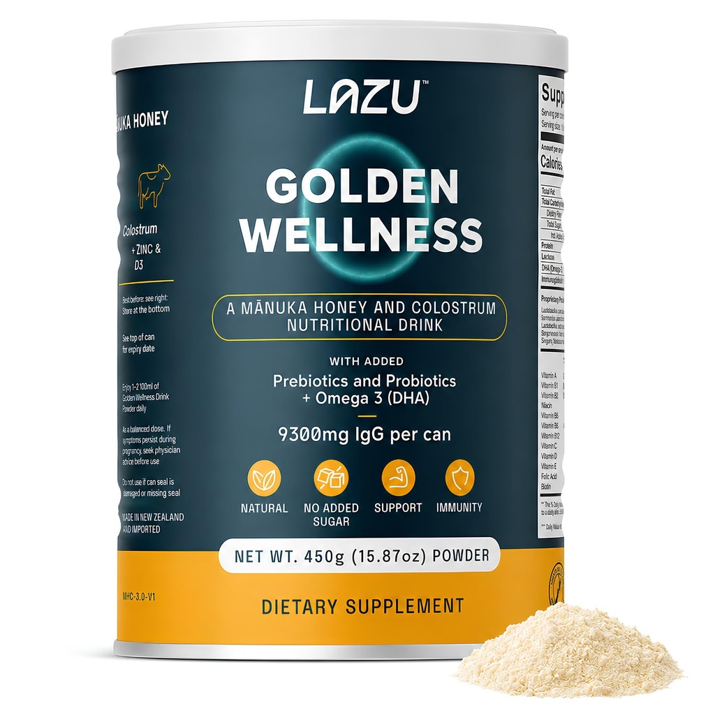 Lazu Golden Wellness Colostrum Supplement, Poudre de colostrum à base de gras (310mg IgG & lactoferrine), NZ Monofloral Manuka Honey (200MGO), Vitamines favorise la santé des Guts et performance athlétique - 450g